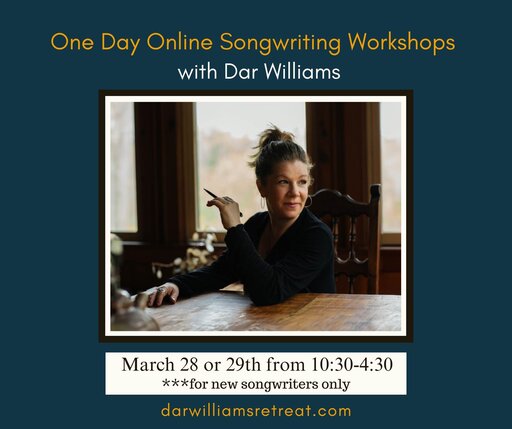 Dar Williams at a table with a pencil advertising One Day Online Songwriting Workshops